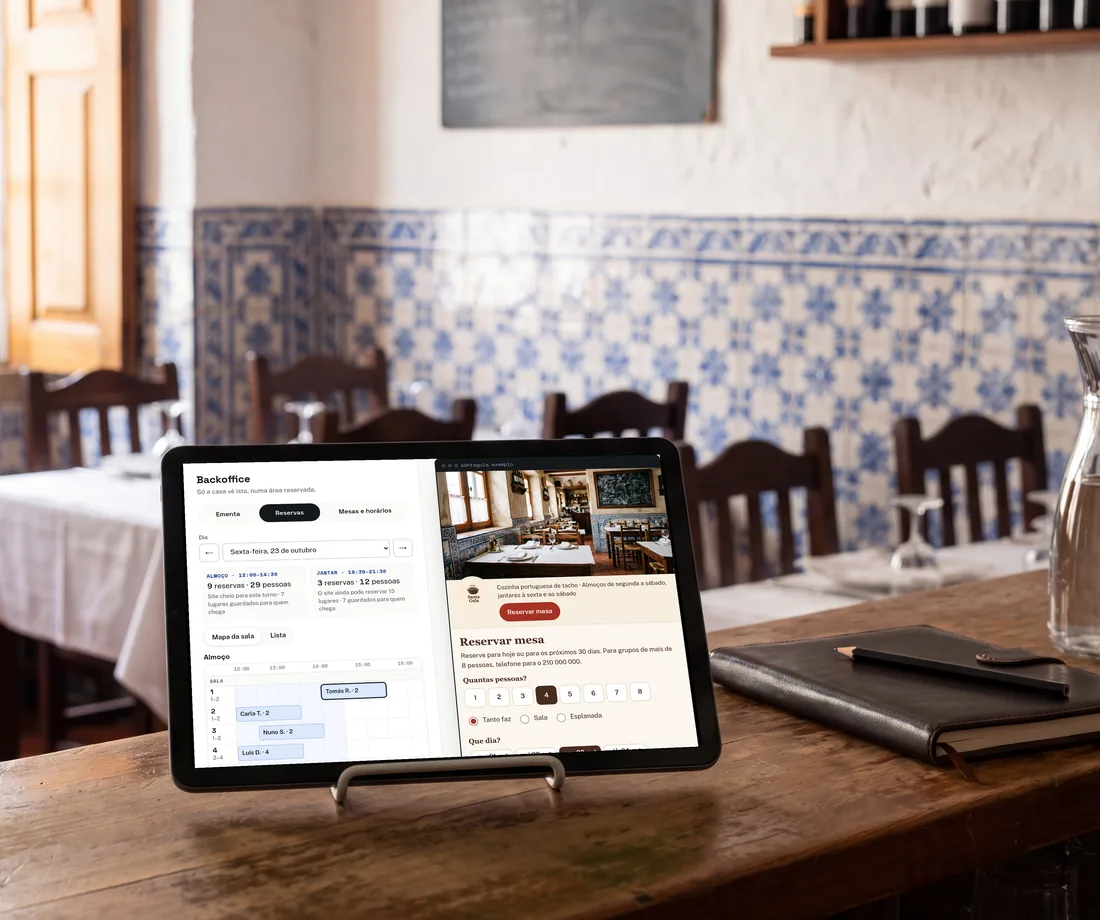 Um tablet no balcão de uma tasca com azulejos azuis mostra a demonstração: à esquerda o backoffice com o mapa da sala e as reservas do almoço, mesa a mesa; à direita o site do restaurante fictício Santa Gula, com «Reservar mesa» e a escolha do número de pessoas.
