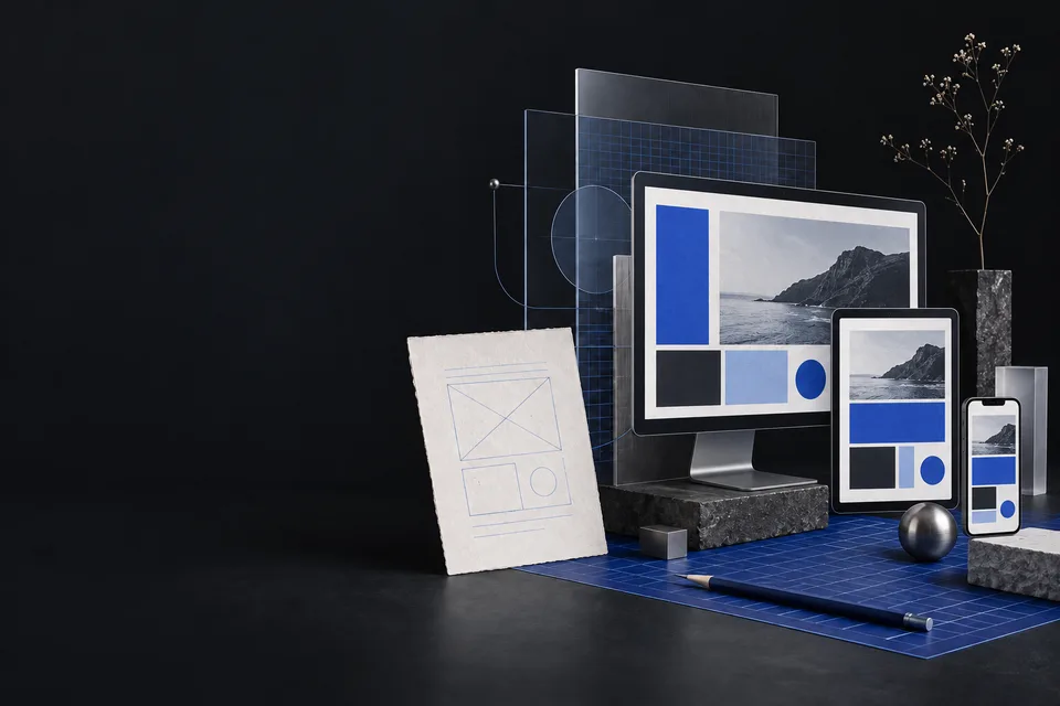 Esboço de um site e o mesmo desenho adaptado a computador, tablet e telemóvel.