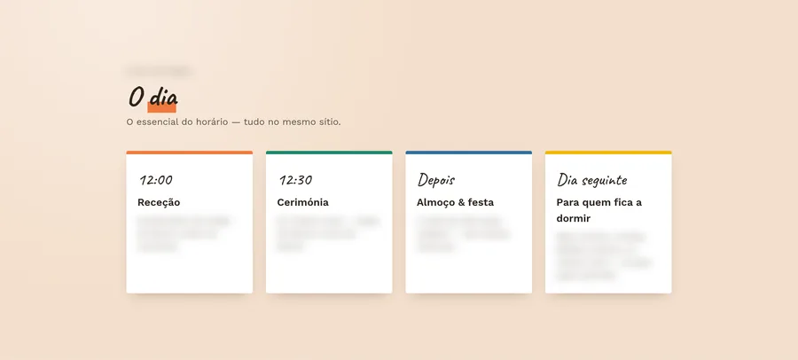 Secção O dia: quatro cartões com barra de cor, Receção, Cerimónia, Almoço e festa, e Para quem fica a dormir, com as descrições e a data esbatidas.