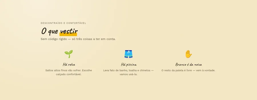 Secção O que vestir: três avisos com ícone, Há relva, Há piscina e Branco é da noiva, cada um com uma frase curta.