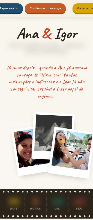 O mesmo ecrã num telemóvel: nomes, frase, polaroids sobrepostas, a tira de filme e os relógios de Tóquio, Madagáscar, Rio de Janeiro, Nova Iorque e Sydney.