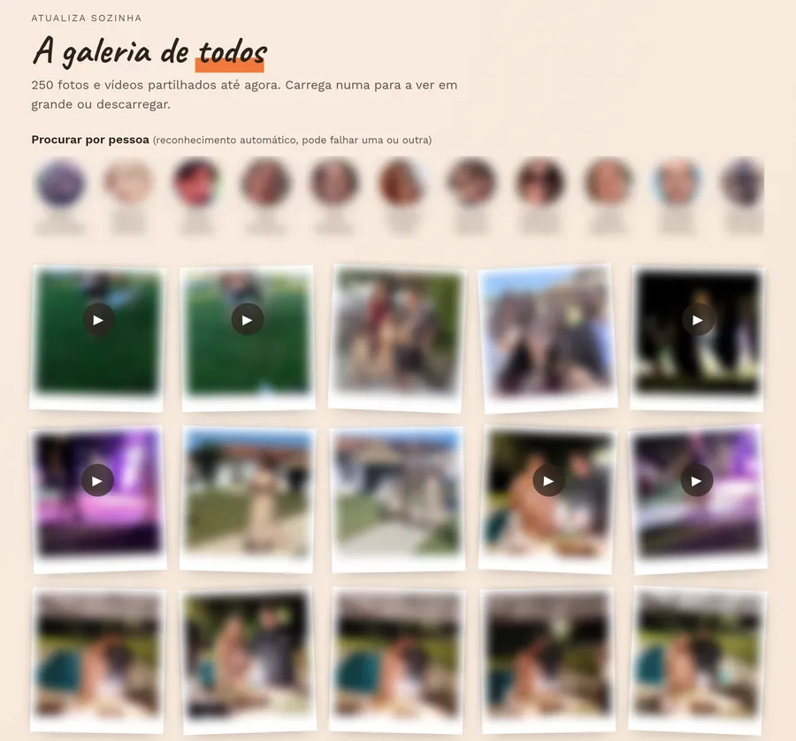 A galeria de todos nas fotos do dia: a contagem de 250 fotos e vídeos, uma fila de rostos para procurar por pessoa e uma grelha de polaroids, com rostos, nomes e fotografias esbatidos.