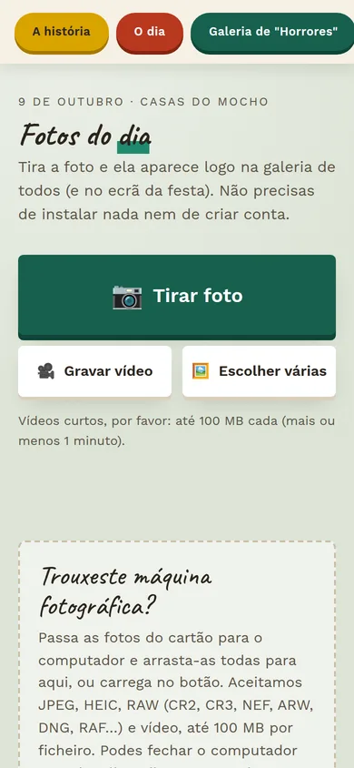 O envio de fotos num telemóvel: o botão grande «Tirar foto», os botões «Gravar vídeo» e «Escolher várias» e o aviso de que não é preciso instalar nada nem criar conta.