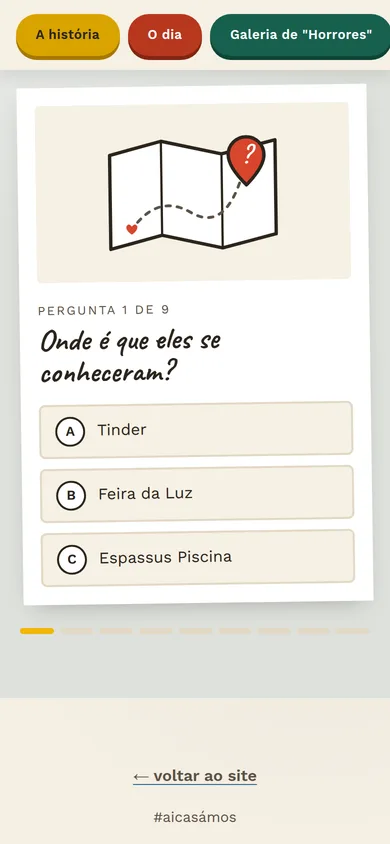Primeira pergunta do quiz, «Onde é que eles se conheceram?», com uma ilustração de um mapa e três opções de resposta.