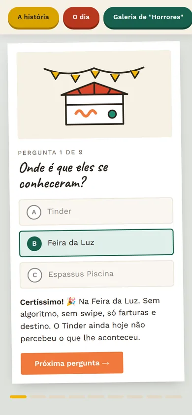 A mesma pergunta depois de escolher uma resposta: a opção fica marcada, aparece a ilustração que revela a resposta, a explicação com humor e o botão «Próxima pergunta».