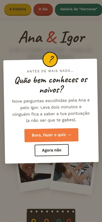 A janela de convite que abre sobre a página inicial: «Quão bem conheces os noivos?», com os botões «Bora, fazer o quiz» e «Agora não». A data e o local por trás estão esbatidos.