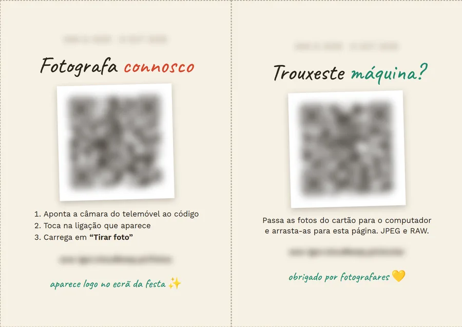 Metade da folha de cartões A6: à esquerda «Fotografa connosco», com o QR e três passos; à direita «Trouxeste máquina?», com o QR e o aviso para passar as fotos do cartão. O QR e o endereço estão esbatidos.
