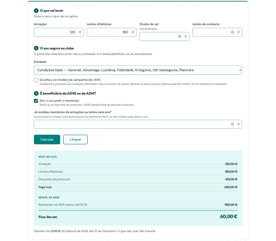 Simulador preenchido: armação e lentes, protocolo das condições base e reembolso da ADSE. O resultado mostra o desconto de protocolo, o valor pago na loja, o reembolso de 80% limitado ao plafond e o valor final.
