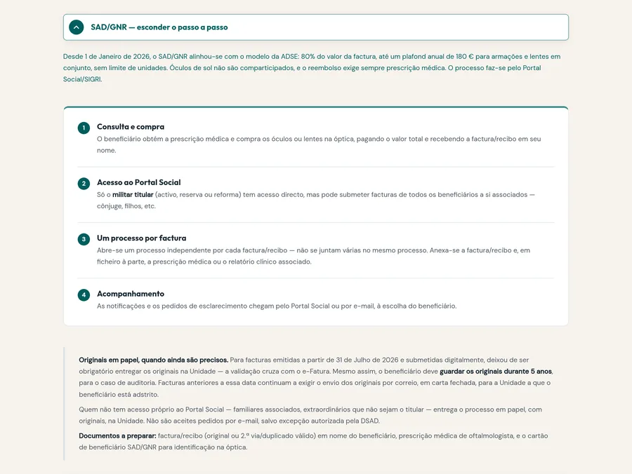Passo a passo do SAD/GNR aberto: quatro passos numerados, da consulta e compra ao acompanhamento no Portal Social, e uma nota sobre originais em papel e documentos a preparar.