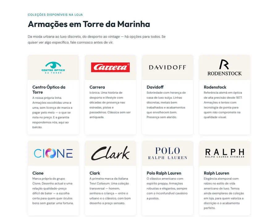 Secção Armações em Torre da Marinha: grelha de cartões com logótipo e descrição curta, entre eles a linha própria da óptica, Carrera, Davidoff, Rodenstock, Cione, Clark, Polo Ralph Lauren e Ralph Lauren.