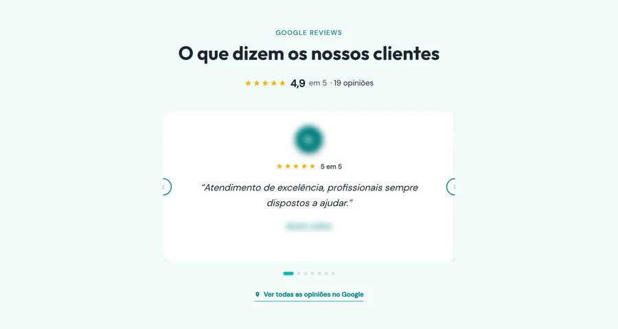 Secção O que dizem os nossos clientes: classificação média, um cartão de opinião com cinco estrelas e o texto Atendimento de excelência, profissionais sempre dispostos a ajudar, com o autor esbatido, e a ligação Ver todas as opiniões no Google.