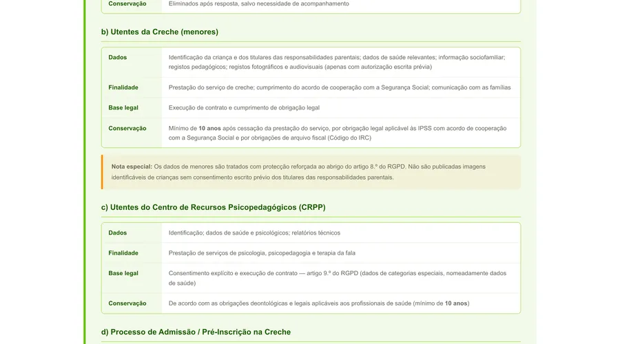 Política de privacidade, secção Utentes da Creche: tabela com dados, finalidade, base legal e conservação, seguida de uma nota sobre a protecção reforçada dos dados de menores.