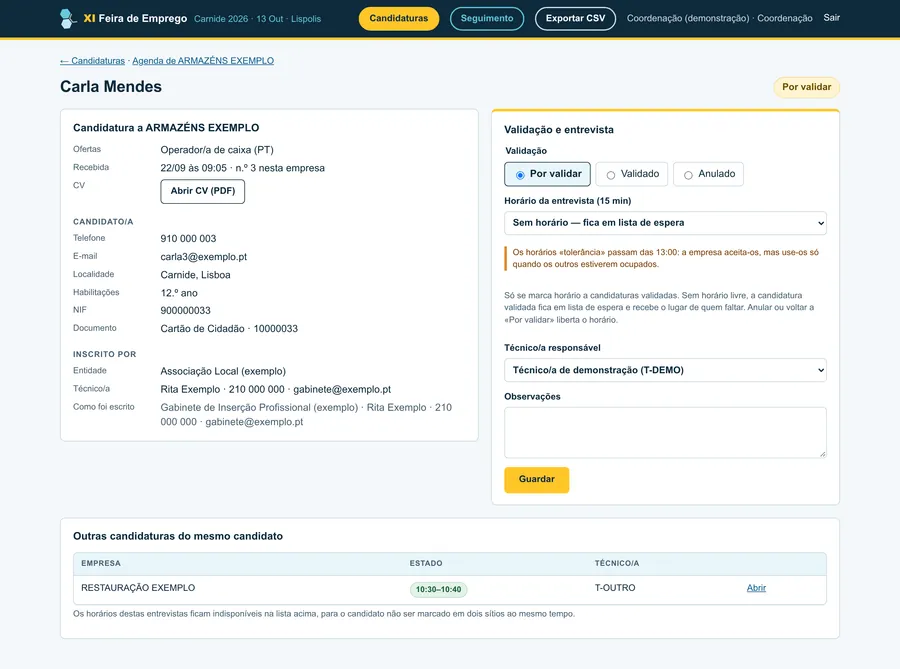 Candidatura de uma candidata fictícia: dados da candidatura e do candidato à esquerda, à direita a validação, o horário da entrevista, o técnico responsável e as observações. Em baixo, a outra candidatura da mesma pessoa, com entrevista marcada das 10:30 às 10:40.