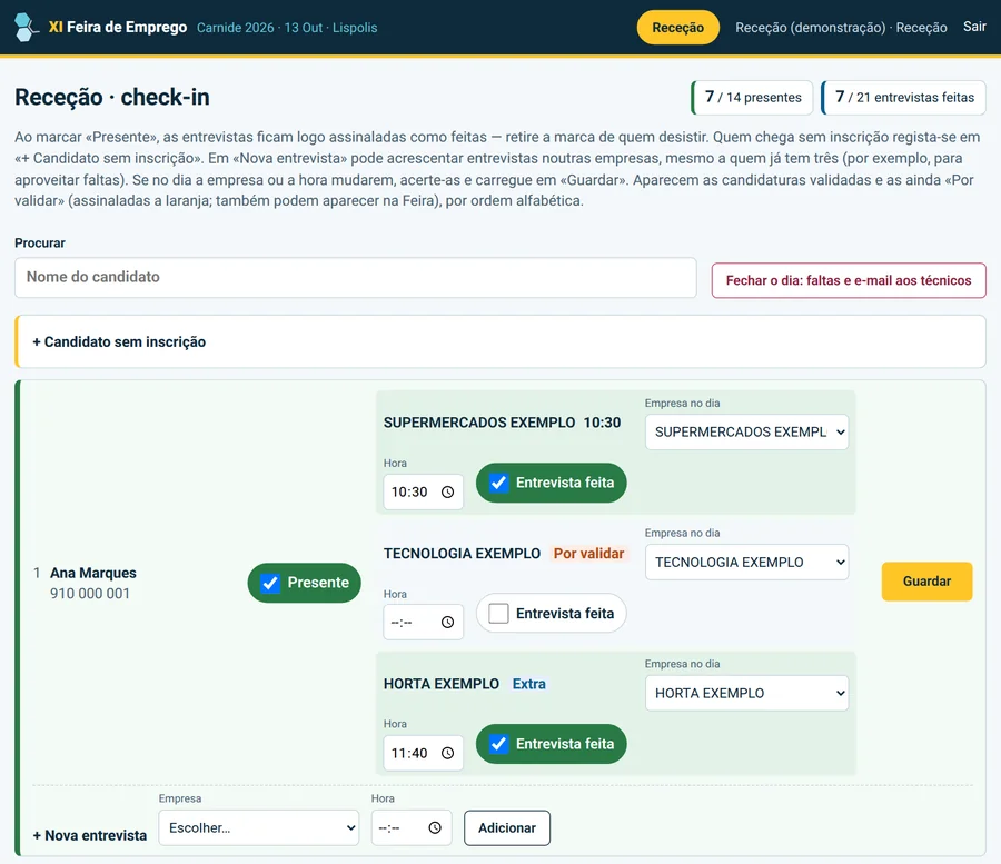 Check-in da recepção, com contadores de presenças e de entrevistas feitas, o botão para fechar o dia e, para uma candidata fictícia, a marca «Presente», três entrevistas em três empresas (uma por validar e uma acrescentada no dia, «Extra») e o botão «+ Nova entrevista».