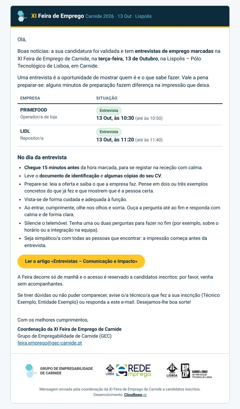 E-mail enviado a um candidato com entrevistas marcadas: o cabeçalho da Feira, uma tabela com as empresas, as horas e o estado de cada uma, dicas para o dia da entrevista, um botão com o artigo de preparação e o rodapé com os logótipos dos parceiros.