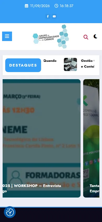 A mesma página inicial em telemóvel, com os destaques e os artigos numa só coluna.