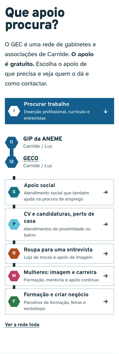 A mesma escolha num telemóvel: a lista de apoios em botões altos, com Procurar trabalho aberto e os dois gabinetes por baixo.