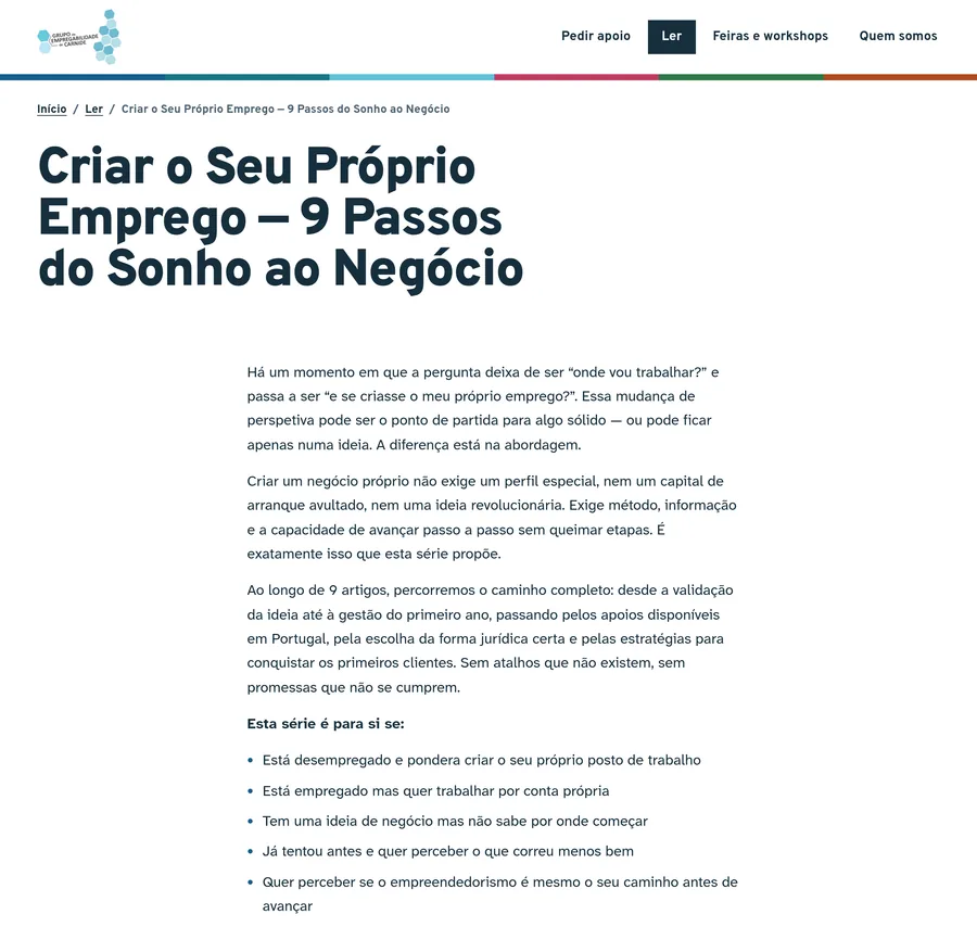 Guia da série Criar o seu próprio emprego, com os nove passos em linha, da ideia de negócio ao crescimento.