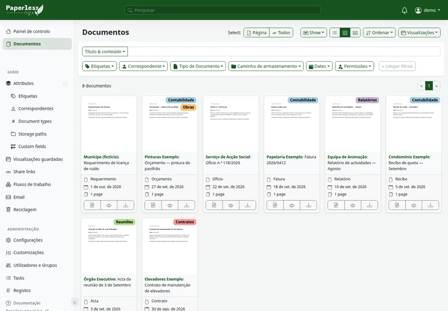 Arquivo documental: a lista de oito documentos digitalizados, cada um com a miniatura, a etiqueta de cor, o correspondente, o tipo e a data, e por cima os filtros por etiqueta, correspondente, tipo e datas. Todos os documentos são inventados.