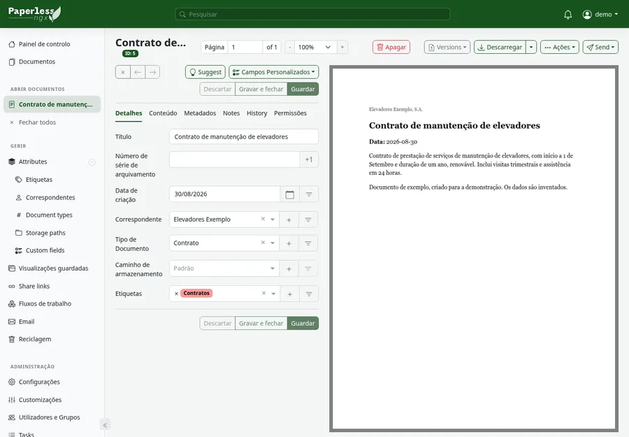 Um documento aberto no arquivo: à esquerda o título, a data, o correspondente, o tipo e a etiqueta; à direita o documento digitalizado, de onde o texto é extraído para a pesquisa. O documento é inventado.