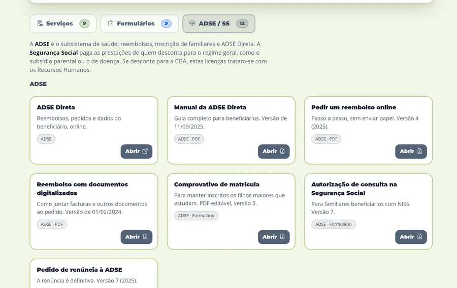 Separador ADSE / SS: texto de introdução sobre a ADSE, a Segurança Social e a CGA, e os cartões ADSE Direta, Manual da ADSE Direta com a versão de 11/09/2025 e Pedir um reembolso online.