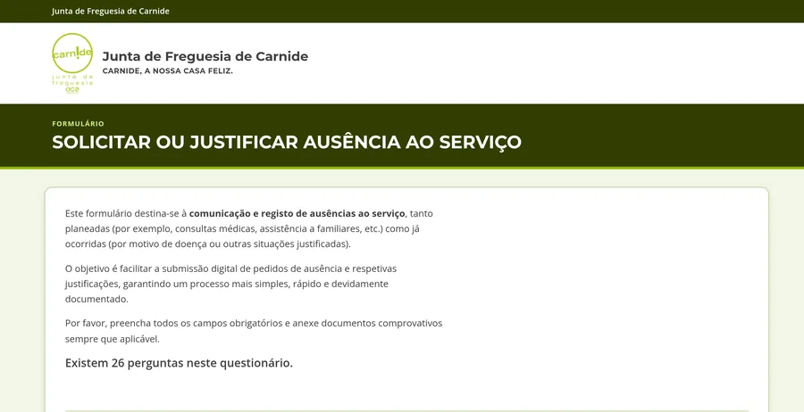 Início do formulário Solicitar ou justificar ausência ao serviço, com o cabeçalho verde da Junta e a explicação do que se pode pedir.