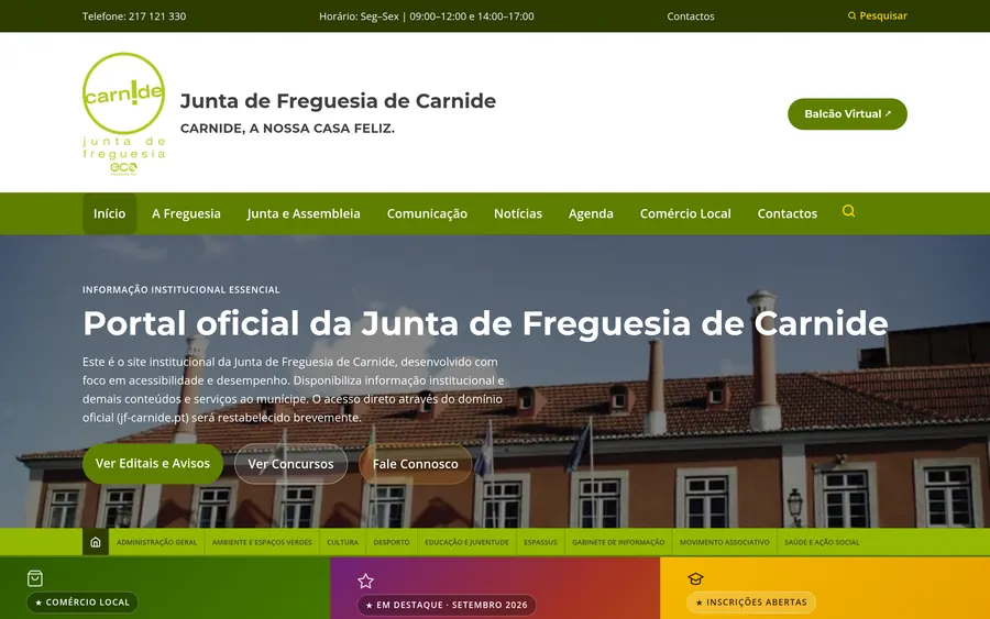 Primeiro ecrã da página inicial: barra verde com telefone e horário, logótipo da Junta, botão Balcão Virtual, menu de secções e hero com o título Portal oficial da Junta de Freguesia de Carnide.