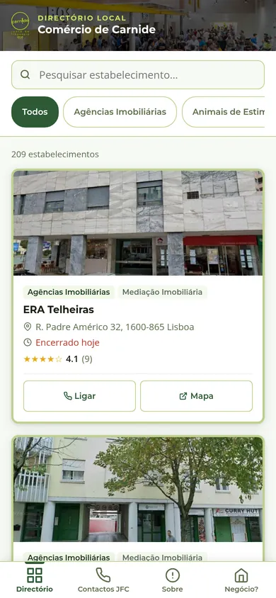Aplicação do directório de comércio num telemóvel: pesquisa, filtros deslizantes, contador de 209 estabelecimentos, ficha com botões Ligar e Mapa, e barra de separadores em baixo.