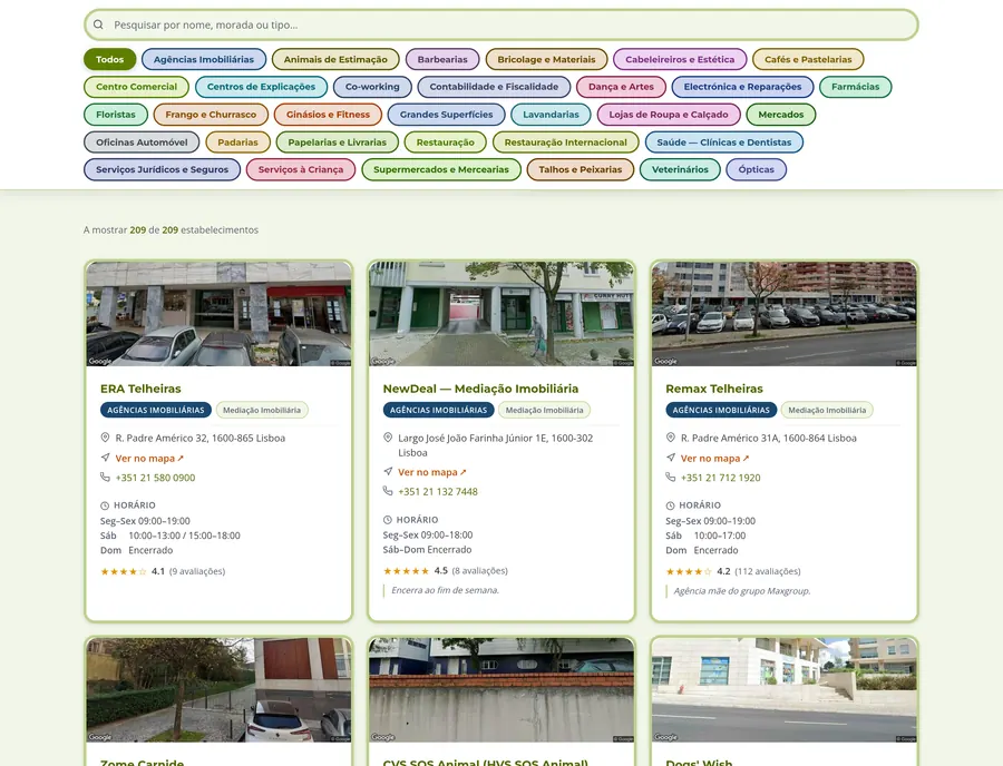 Directório de comércio em desktop: campo de pesquisa, filtros por sector em pastilhas coloridas e grelha de fichas com fotografia, morada, telefone e horário.