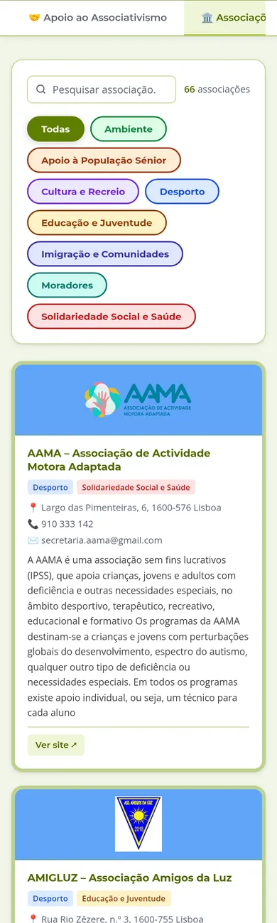 O mesmo directório num telemóvel, com os filtros em várias linhas e as fichas numa coluna.
