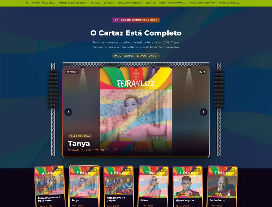 Secção O Cartaz Está Completo: palco iluminado com o artista em destaque e, por baixo, a fila de miniaturas dos restantes concertos.