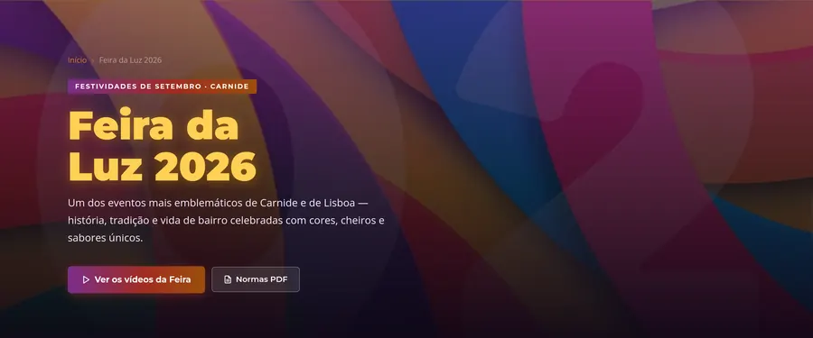Hero da página da Feira da Luz 2026, em roxo e laranja, com o título, a data e os botões Ver os vídeos da Feira e Horários PDF.