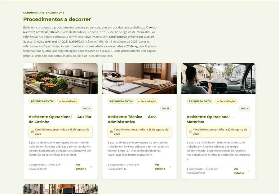 Procedimentos a decorrer: três fichas de recrutamento com fotografia, estado Em avaliação e a data em que as candidaturas encerraram.