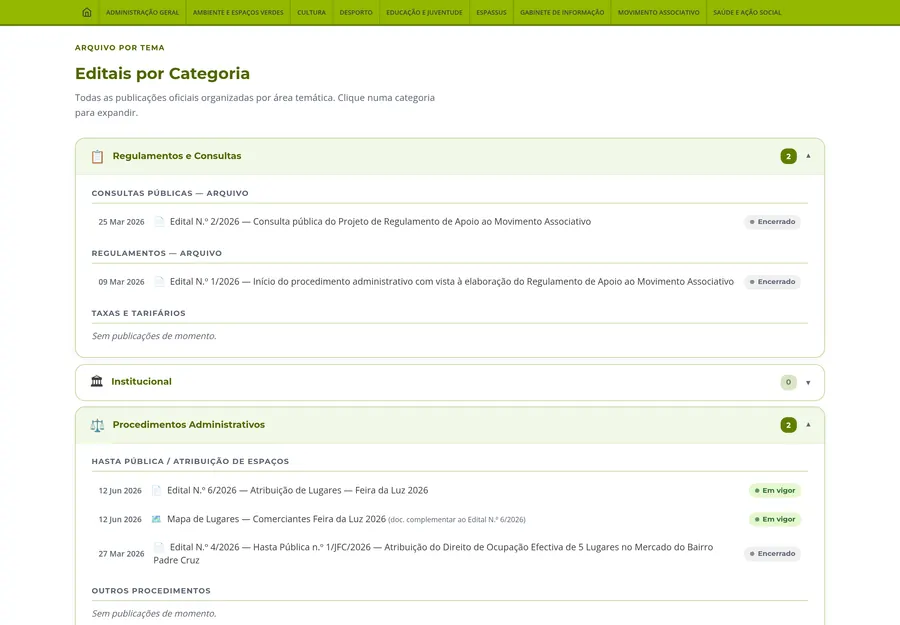 Editais por categoria: blocos expansíveis com regulamentos, consultas públicas e procedimentos administrativos, cada linha com data e estado.
