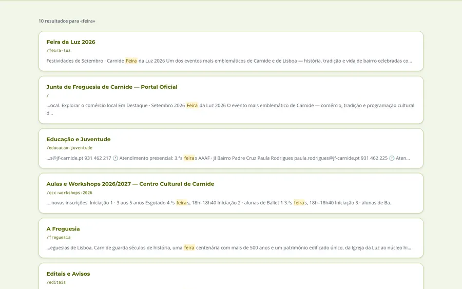 Resultados da pesquisa pela palavra feira: lista de páginas com título, endereço e excerto com o termo destacado a amarelo.