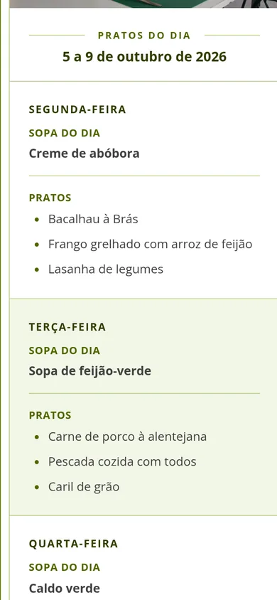 A carta pública num telemóvel: Pratos do dia de 5 a 9 de Outubro, com a sopa e os pratos de segunda e terça-feira.