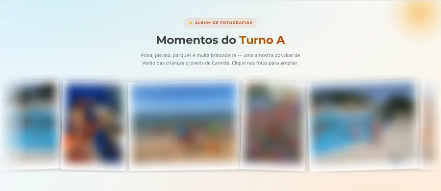 Galeria Momentos do Turno A, com fotografias em moldura polaroid, esbatidas nesta imagem para proteger as crianças retratadas.