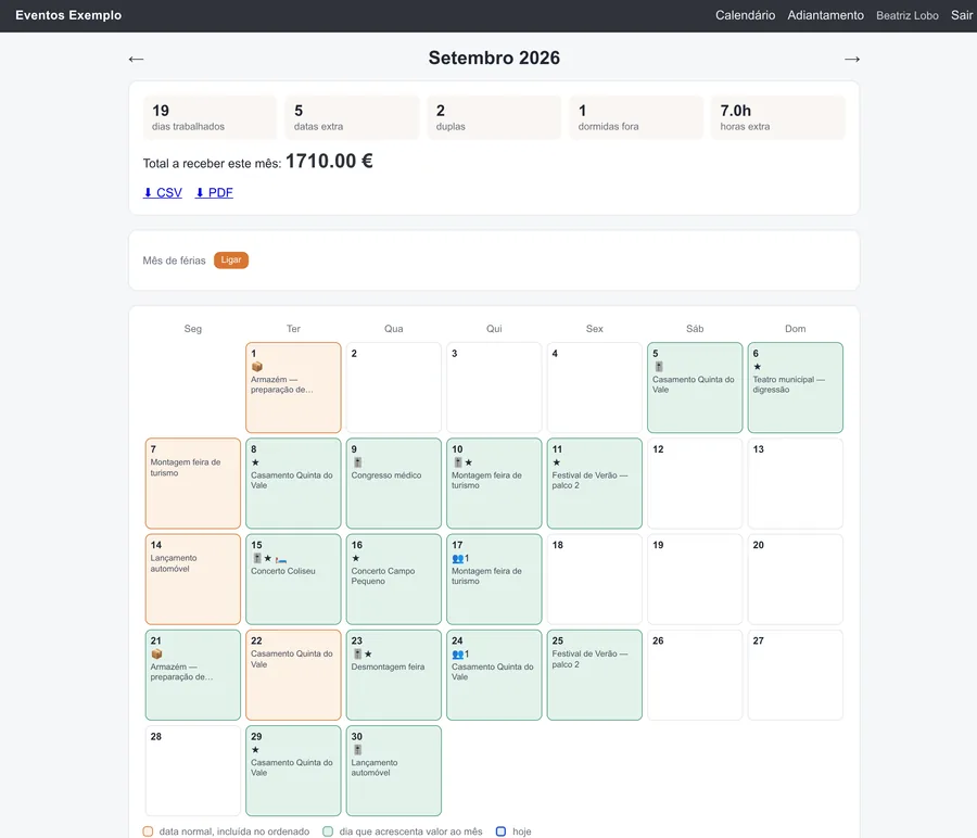 Calendário de Setembro no computador: resumo do mês com cinco contadores e o total a receber, ligações CSV e PDF, interruptor de mês de férias e a grelha dos dias a verde e a laranja, com a legenda por baixo.