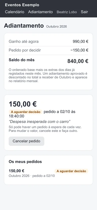 Ecrã de adiantamento: ganho até agora, pedido por decidir e saldo do mês, um pedido com o estado A aguardar decisão e a nota de quem pediu.