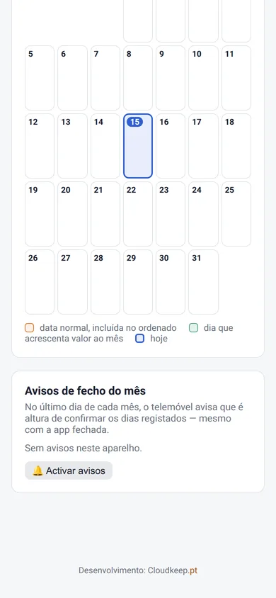 Final da ficha do mês no telemóvel: o calendário e, por baixo, o cartão «Avisos de fecho do mês», que explica que no último dia do mês o telemóvel avisa, mesmo com a aplicação fechada, e o botão «Activar avisos».